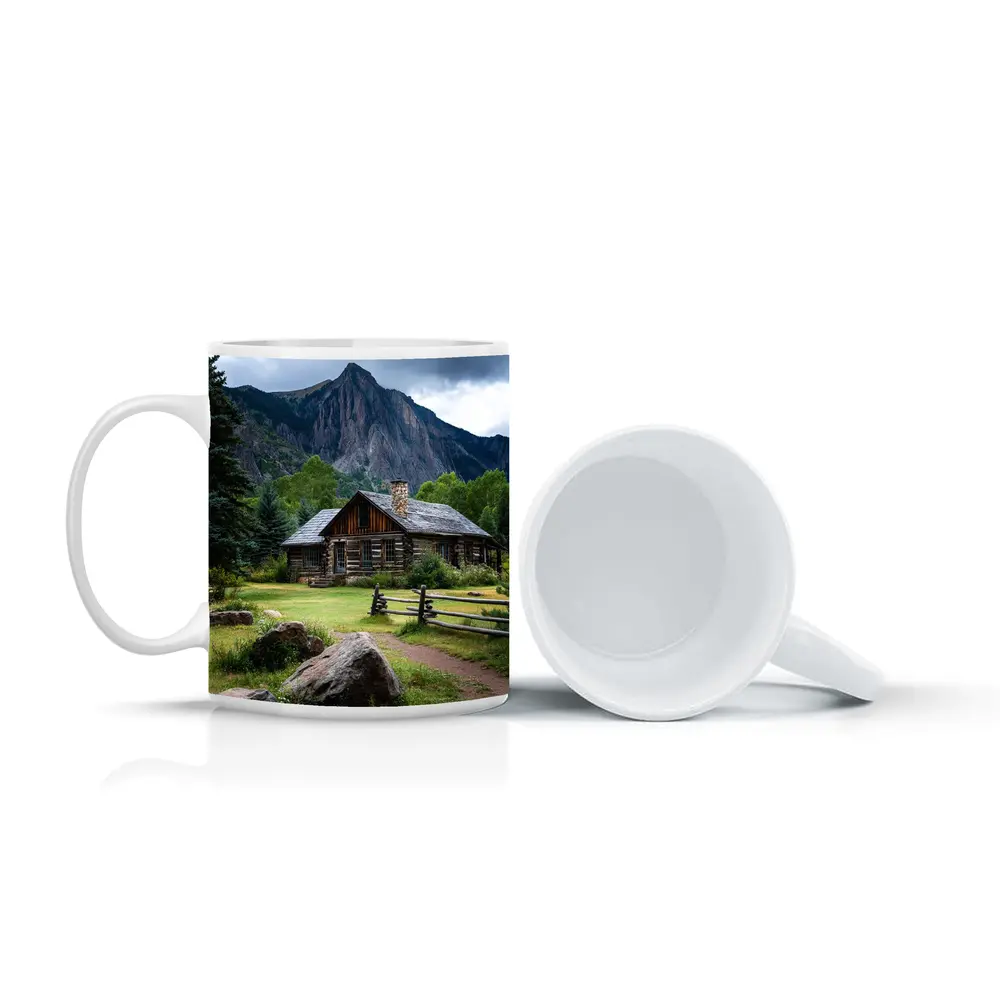 Rustic Log Cabin Rocky Mountain Landscape – Mugs