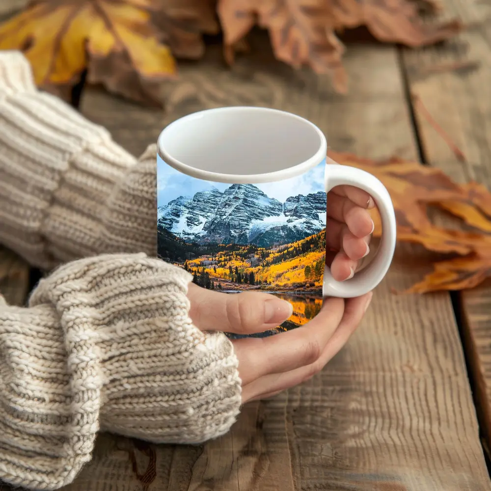 Maroon Bells Snow Autumn Lake Reflection – Mugs