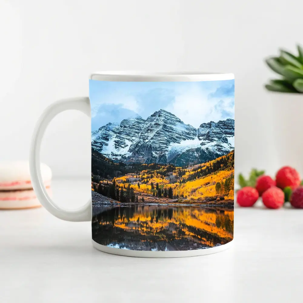 Maroon Bells Snow Autumn Lake Reflection – Mugs