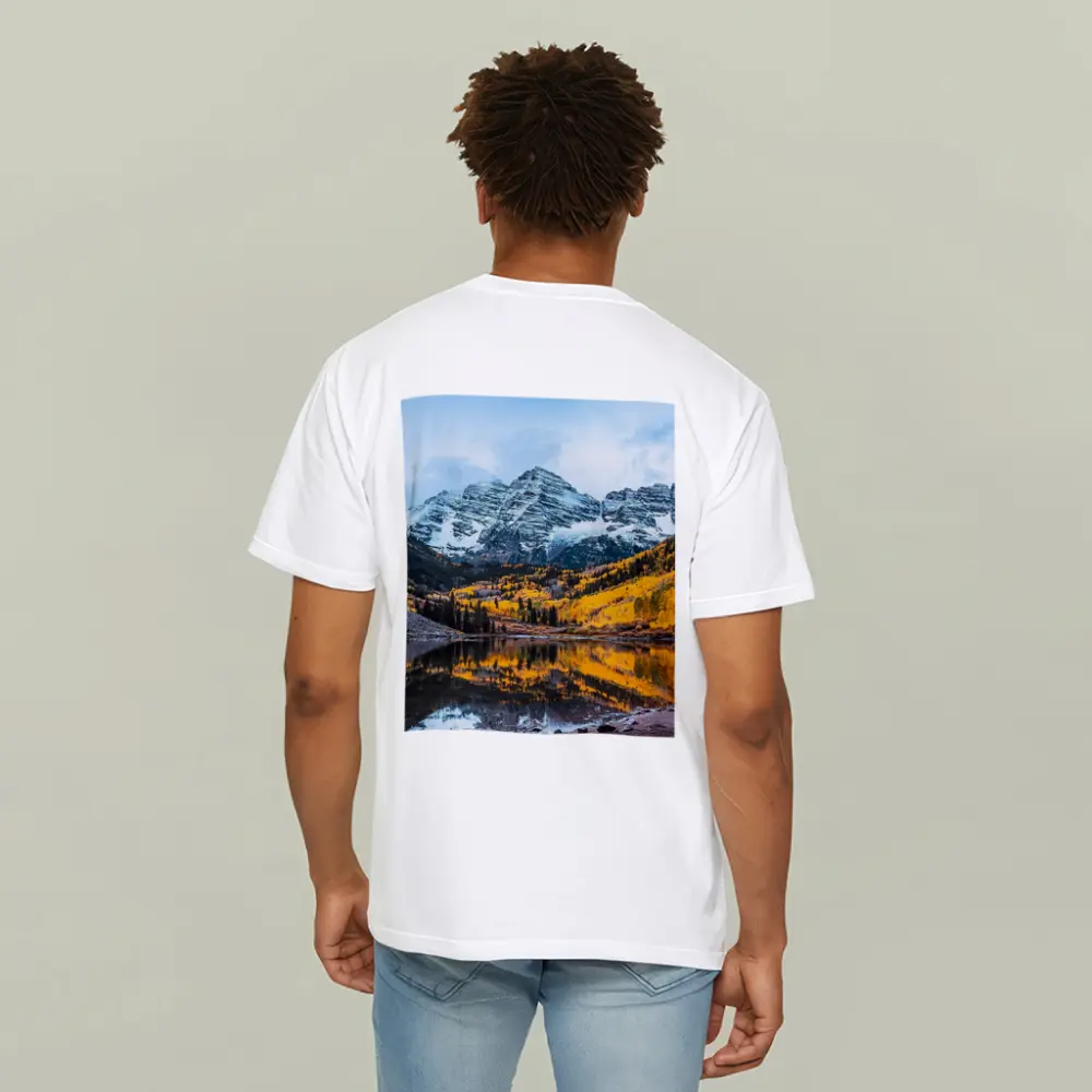 Maroon Bells Snow Autumn Lake Reflection – T-Shirts