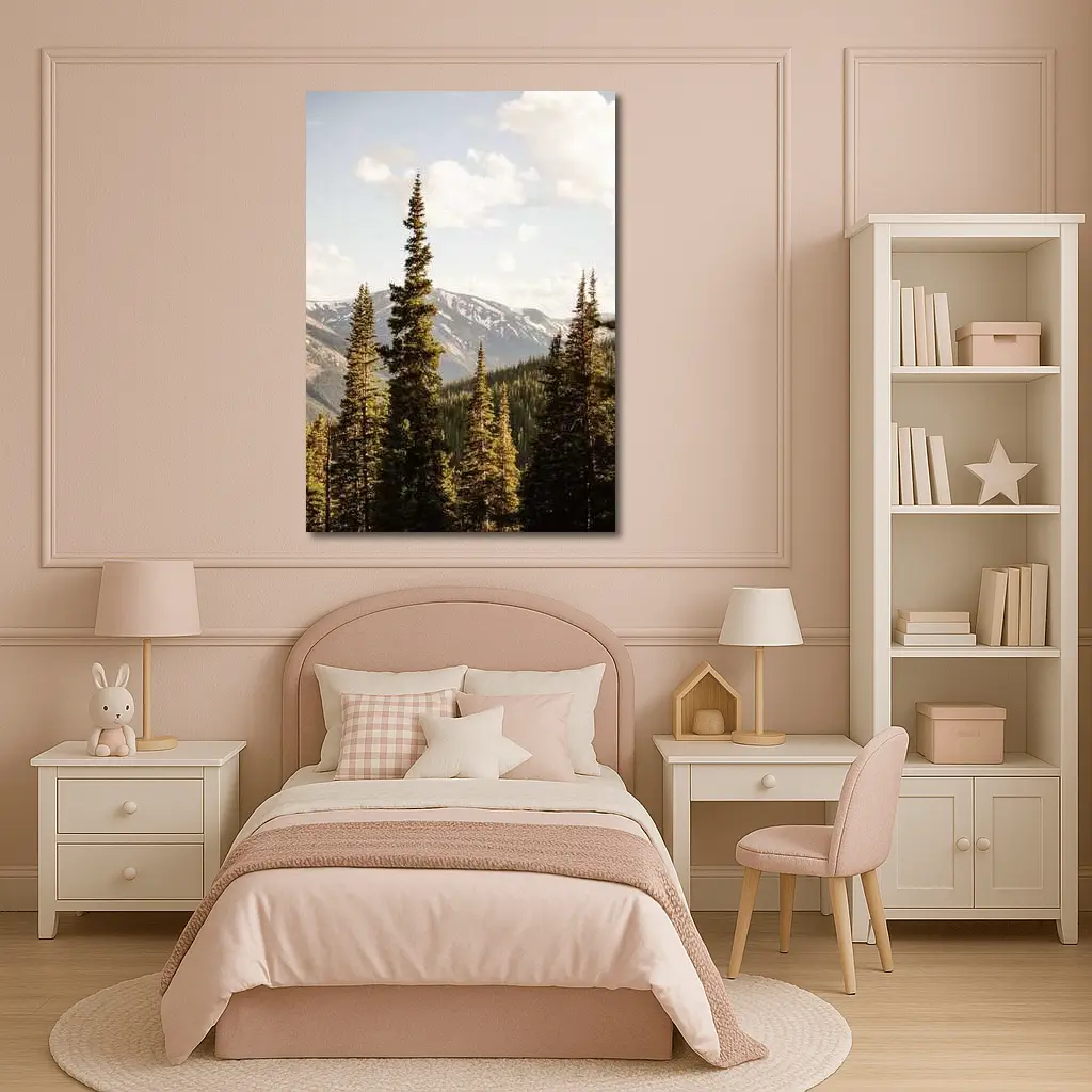 Tall Pine Trees Snow Capped Mountain Landscape – Wall Art