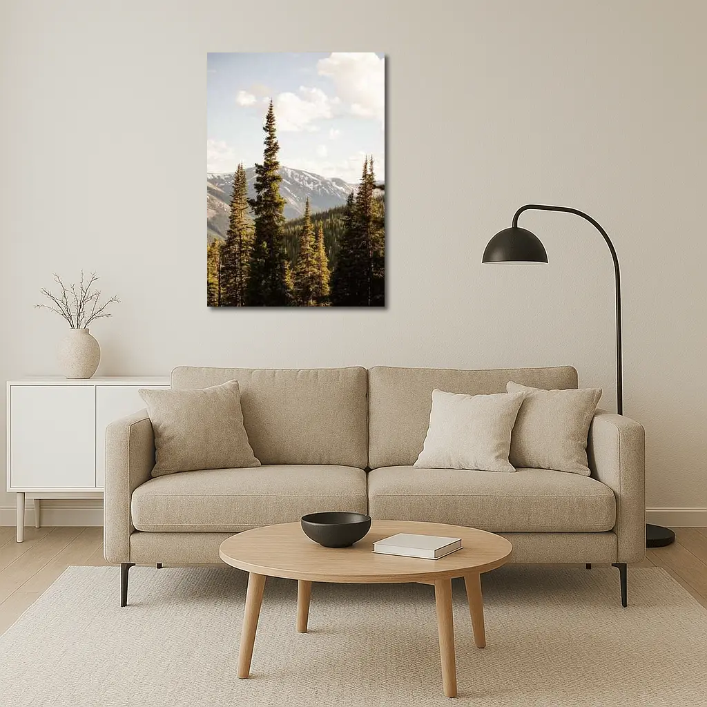 Tall Pine Trees Snow Capped Mountain Landscape – Wall Art
