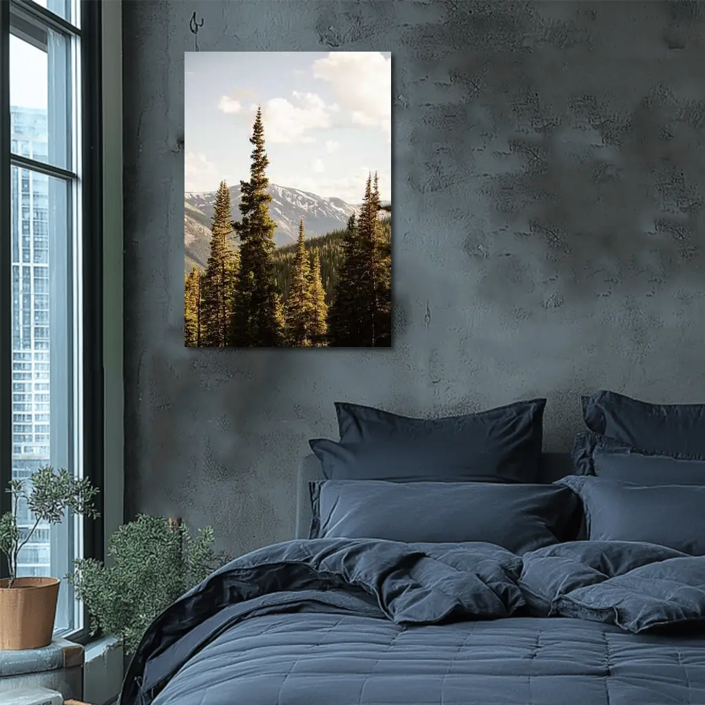Tall Pine Trees Snow Capped Mountain Landscape – Wall Art