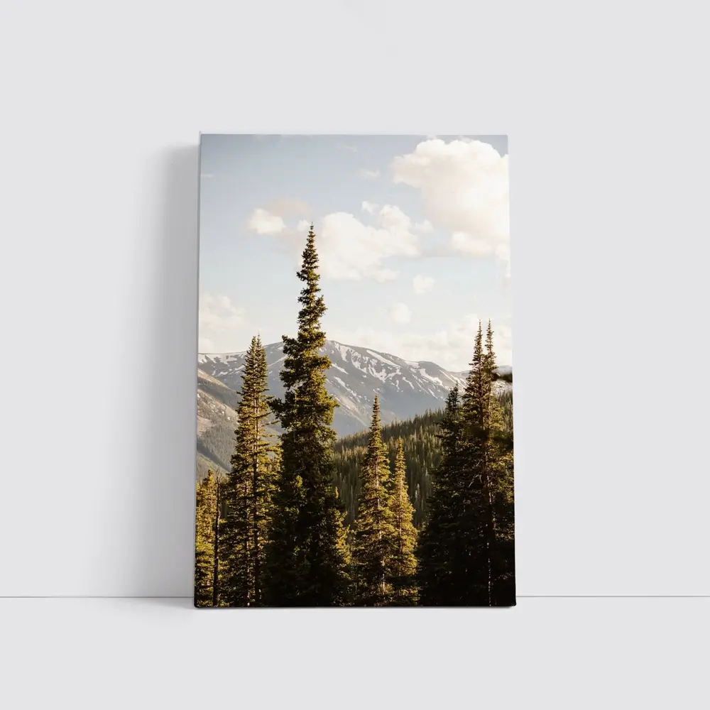 Tall Pine Trees Snow Capped Mountain Landscape – Wall Art