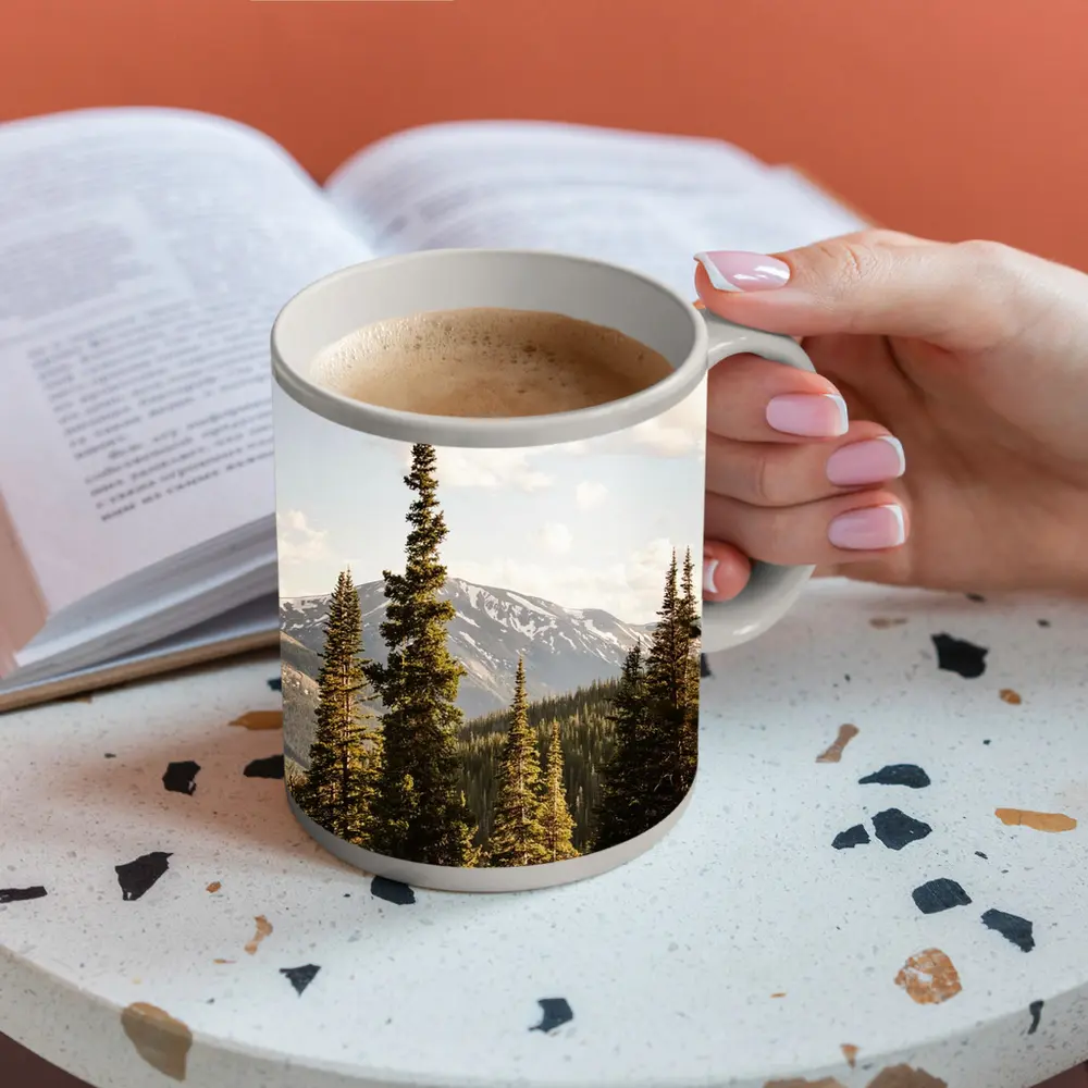 Tall Pine Trees Snow Capped Mountain Landscape – Mugs