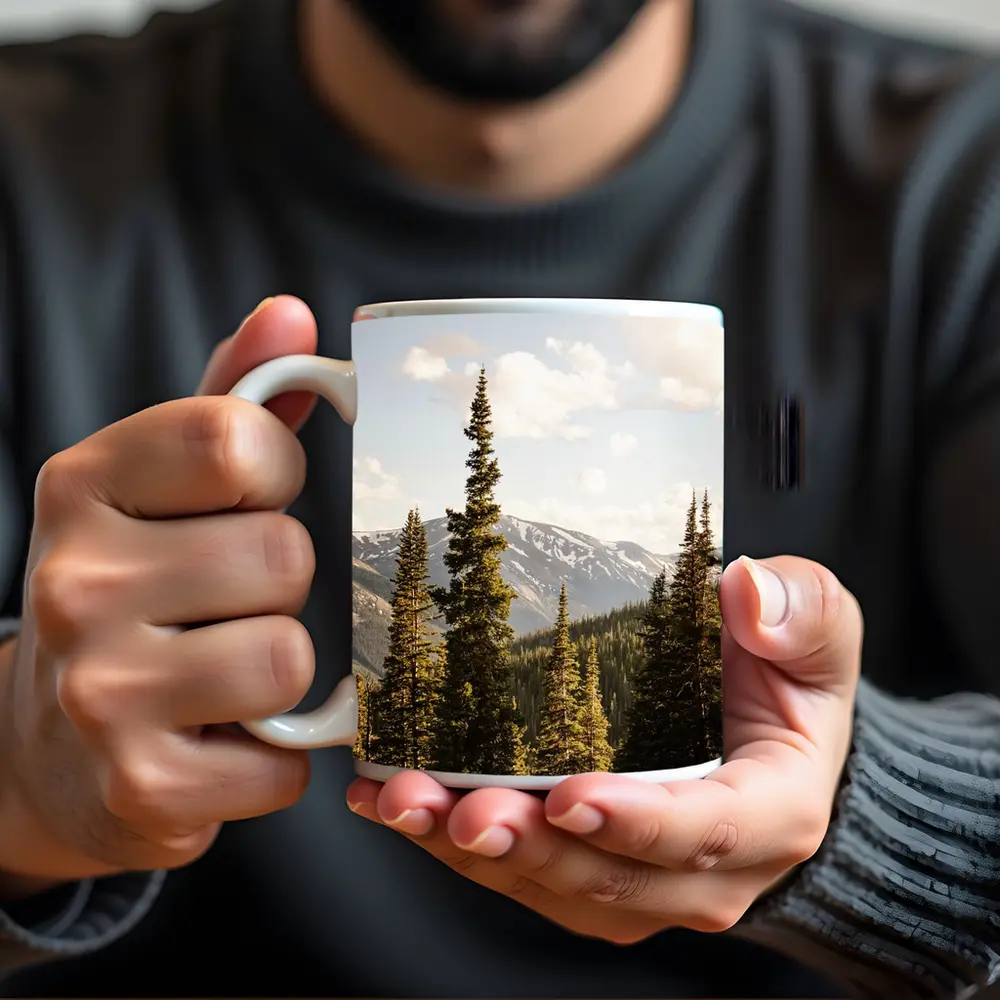 Tall Pine Trees Snow Capped Mountain Landscape – Mugs