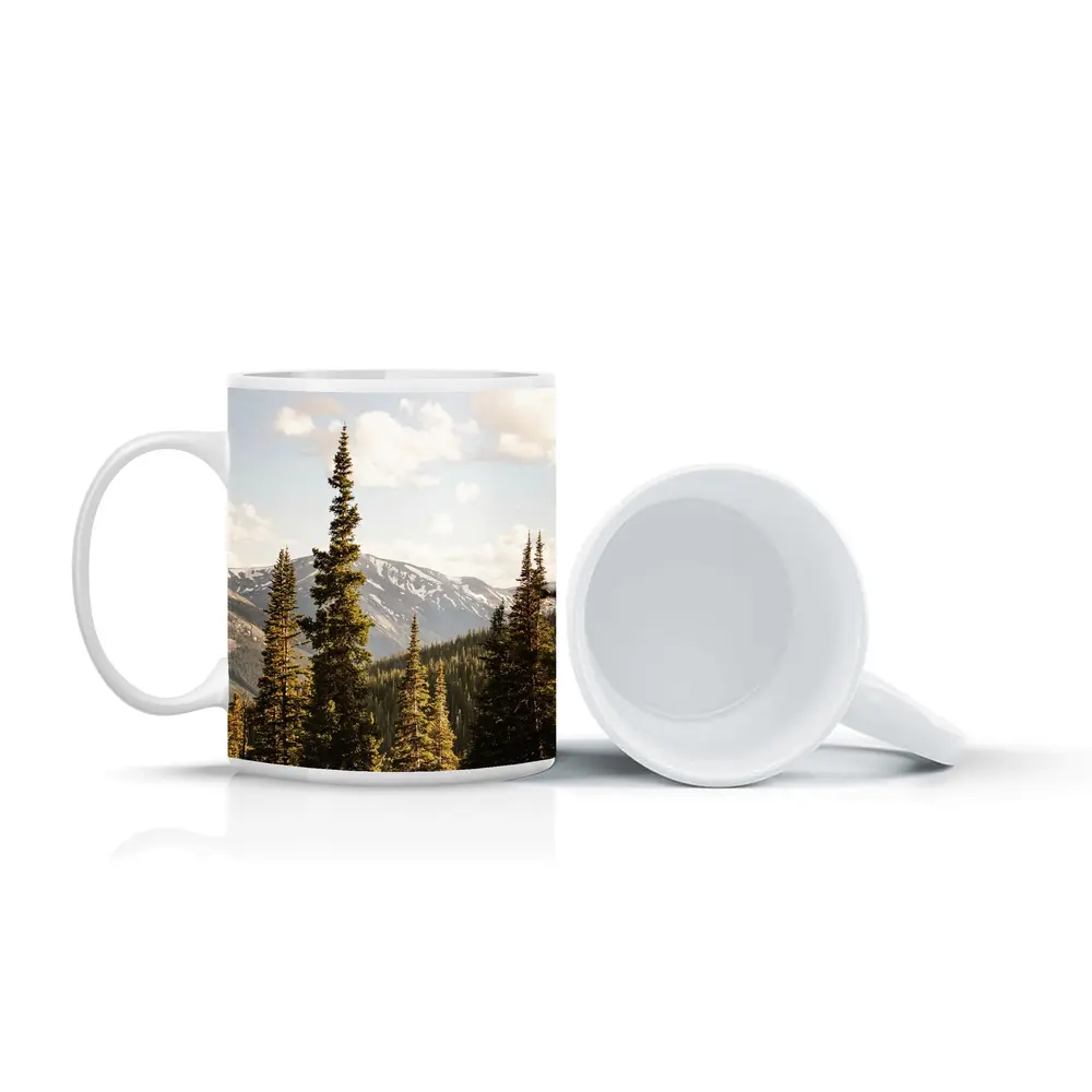 Tall Pine Trees Snow Capped Mountain Landscape – Mugs