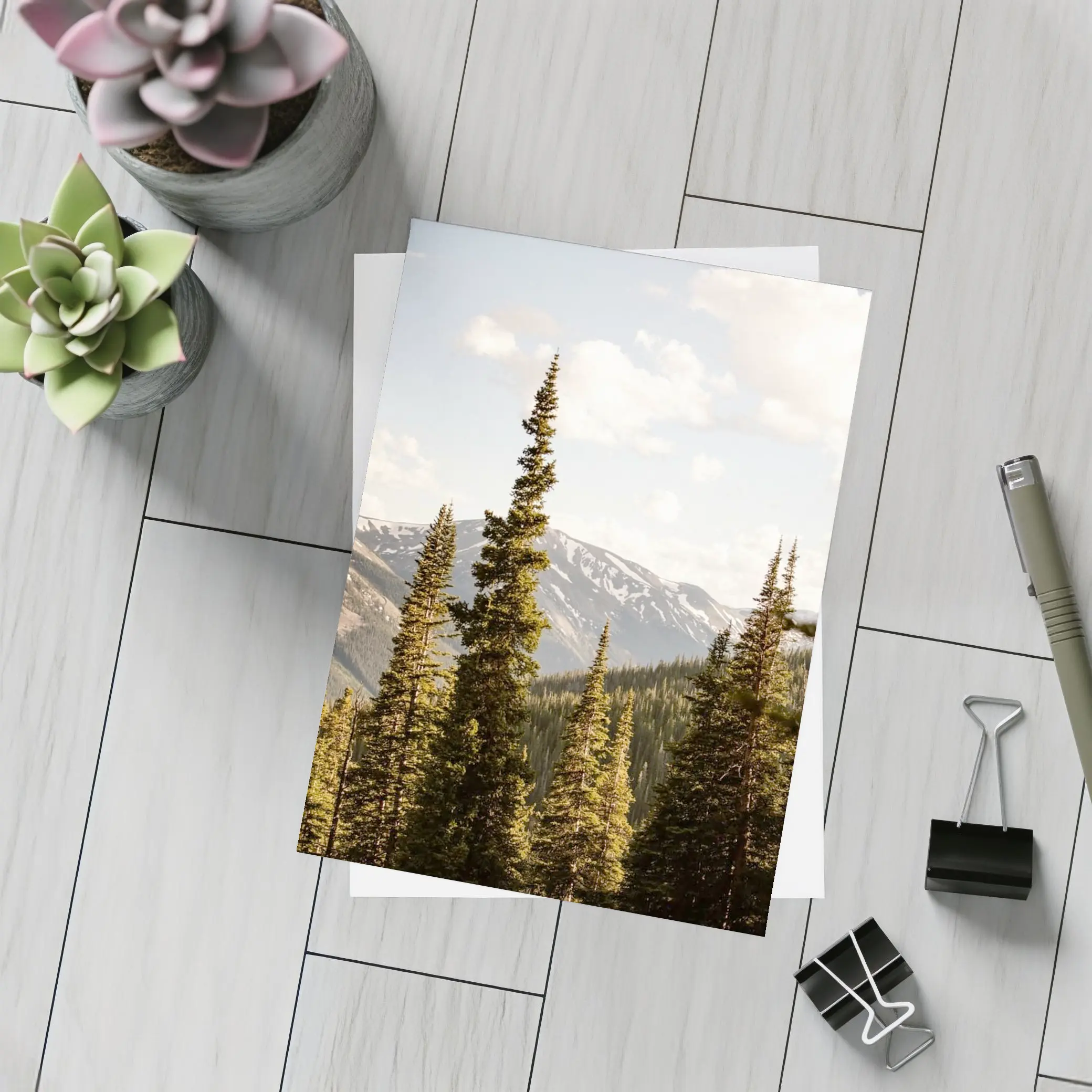 Tall Pine Trees Snow Capped Mountain Landscape – Postcards