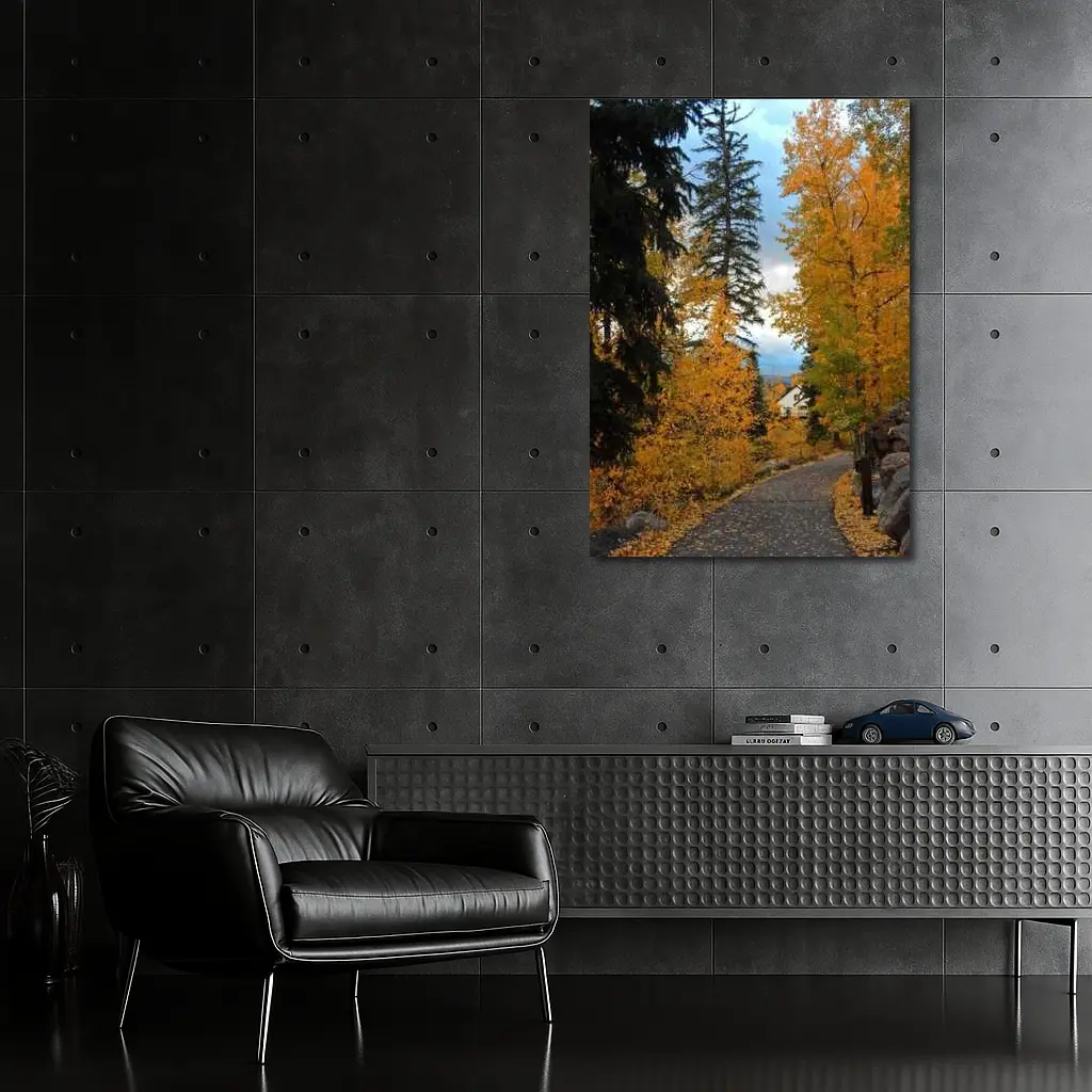 Autumn Path Golden Trees Cloudy Sky – Wall Art