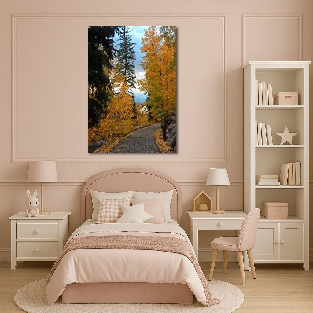 Autumn Path Golden Trees Cloudy Sky – Wall Art