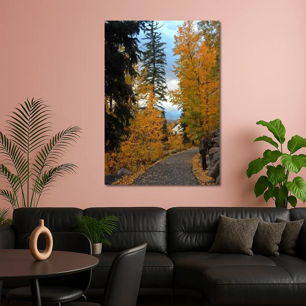 Autumn Path Golden Trees Cloudy Sky – Wall Art