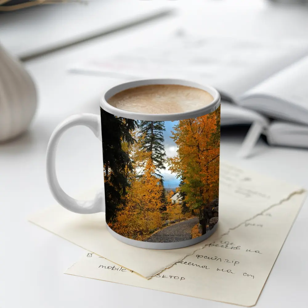 Autumn Path Golden Trees Cloudy Sky – Mugs