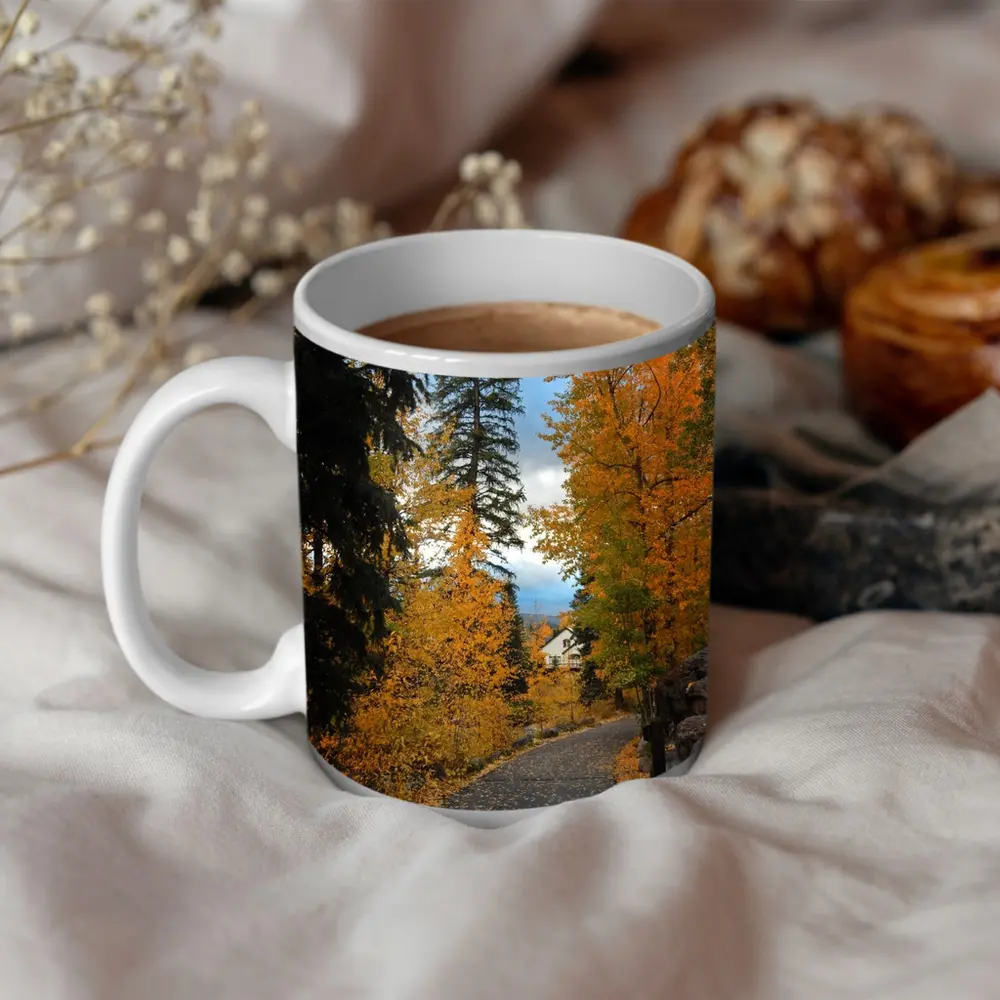 Autumn Path Golden Trees Cloudy Sky – Mugs