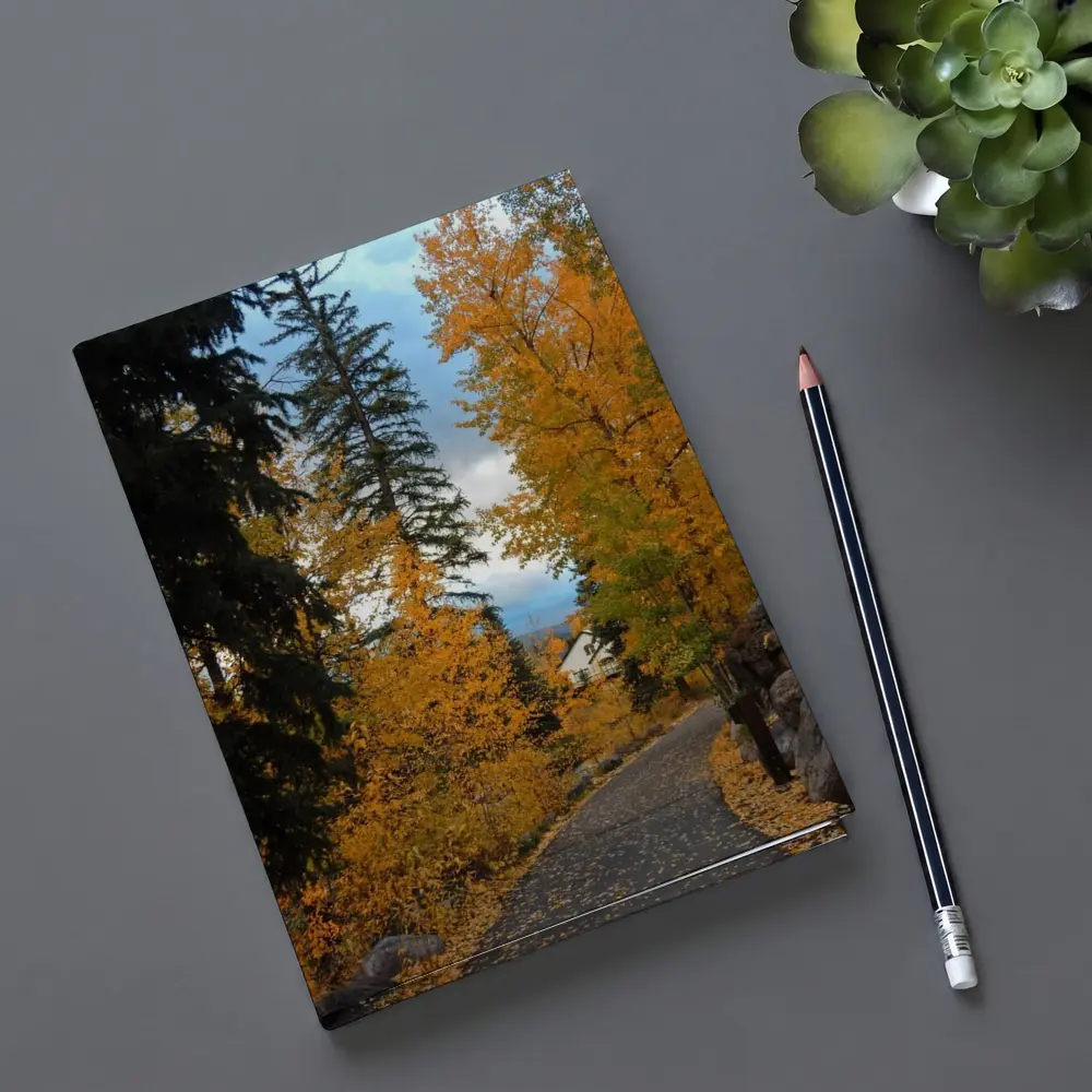 Autumn Path Golden Trees Cloudy Sky – Notebooks