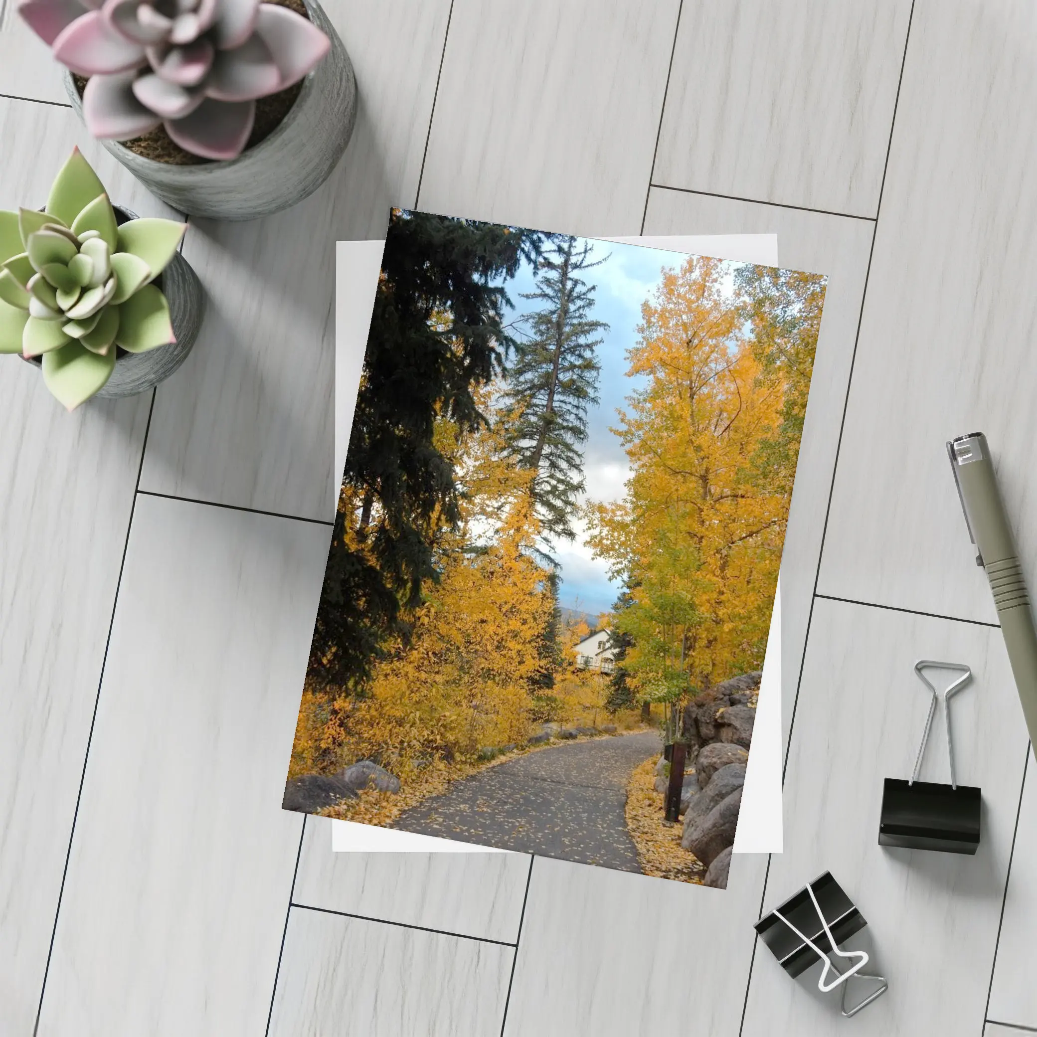 Autumn Path Golden Trees Cloudy Sky – Postcards