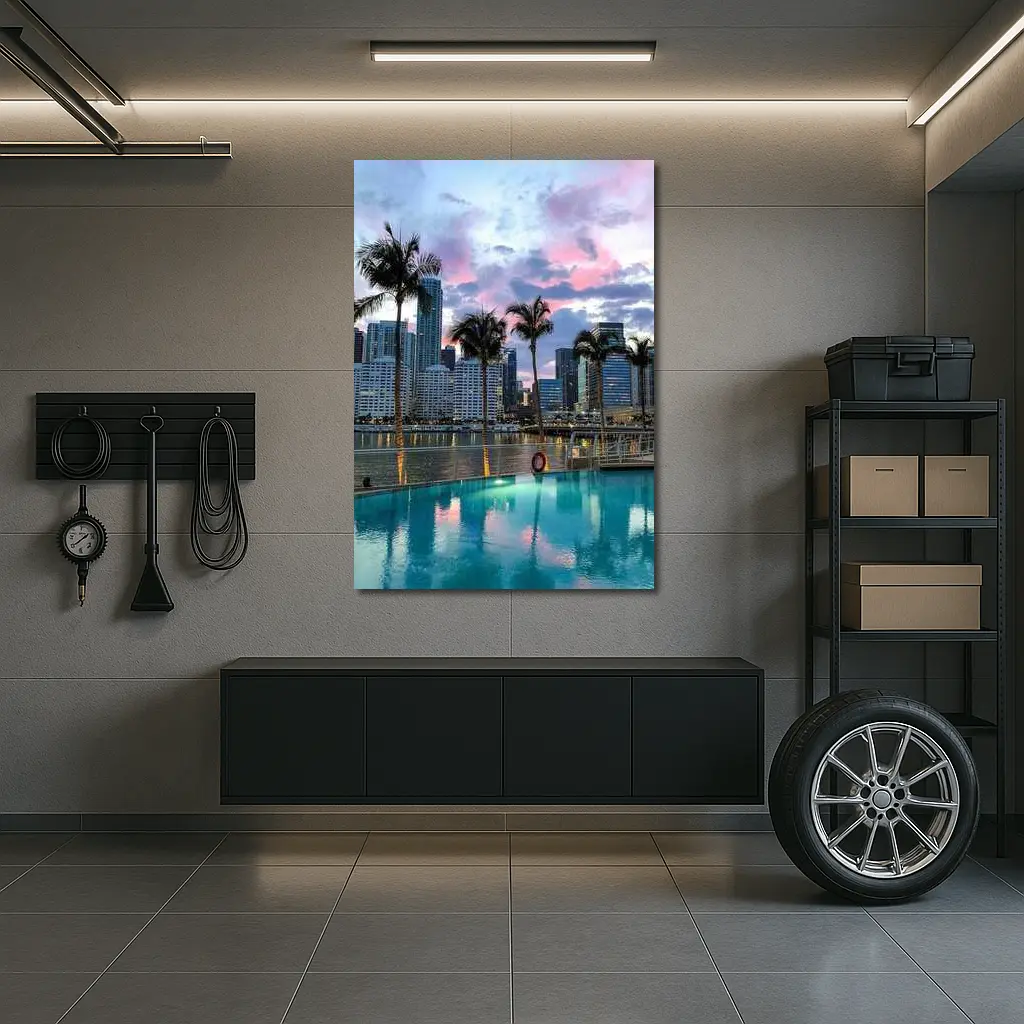 Miami Skyline Pool Palm Trees Sunset – Wall Art