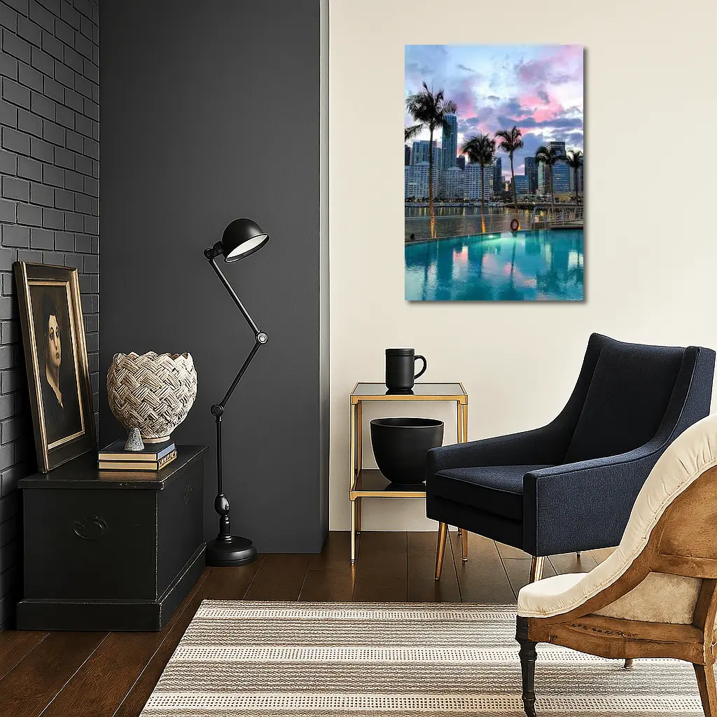 Miami Skyline Pool Palm Trees Sunset – Wall Art