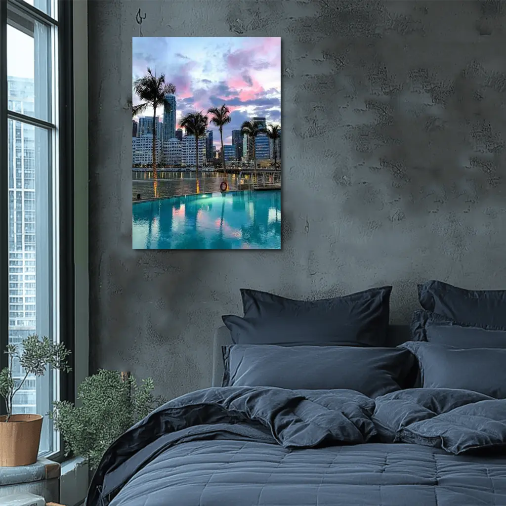 Miami Skyline Pool Palm Trees Sunset – Wall Art