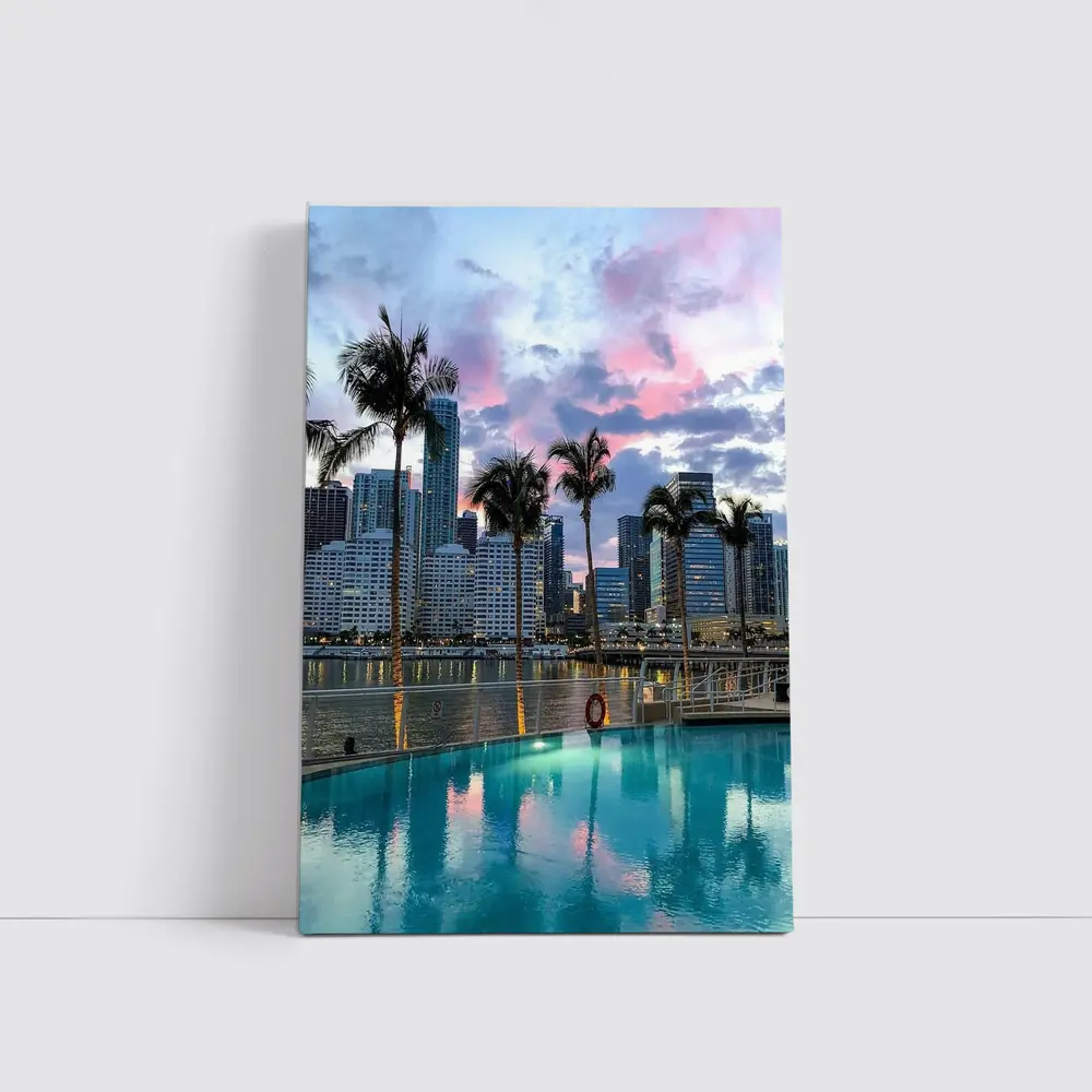 Miami Skyline Pool Palm Trees Sunset – Wall Art