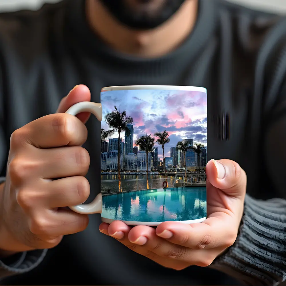 Miami Skyline Pool Palm Trees Sunset – Mugs