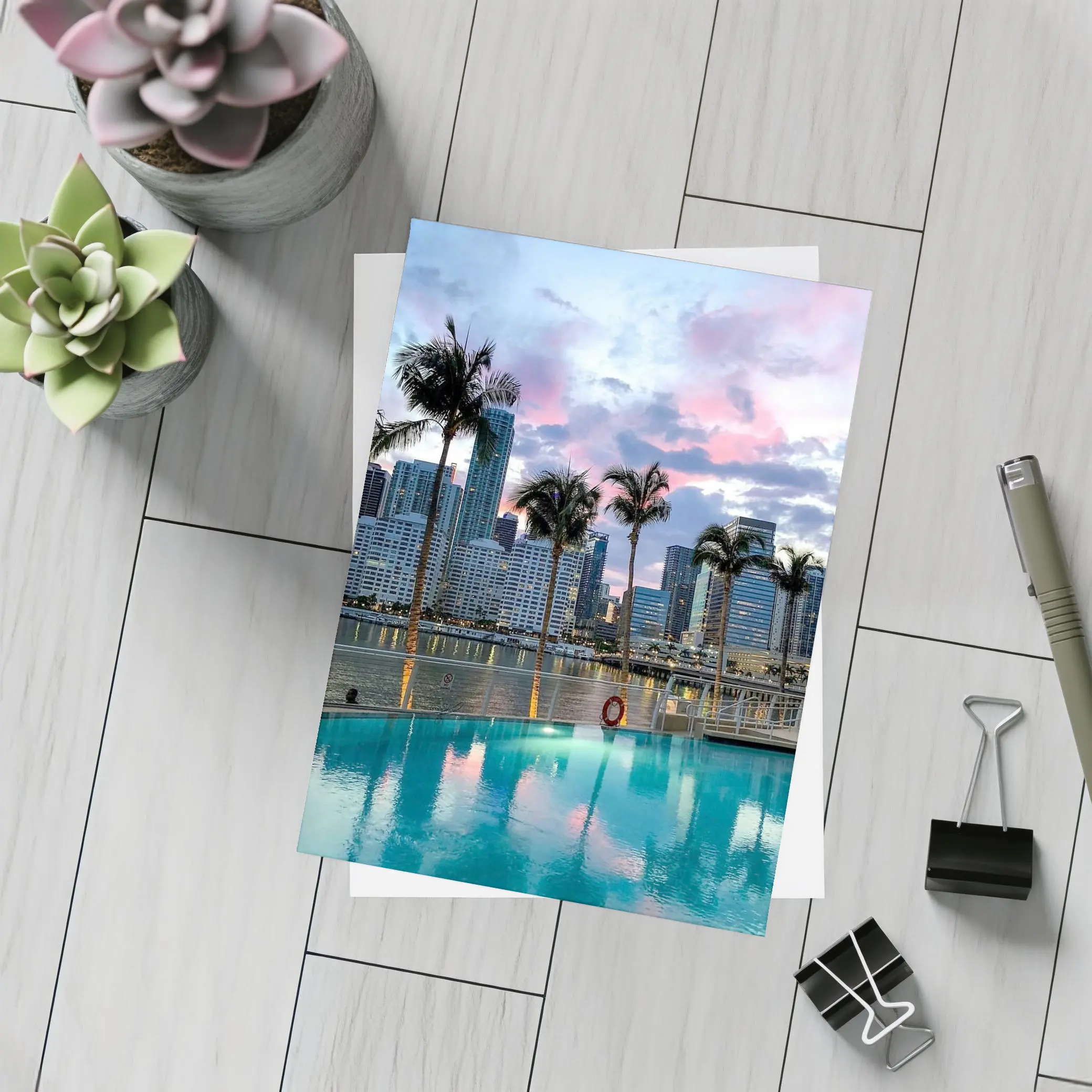 Miami Skyline Pool Palm Trees Sunset – Postcards