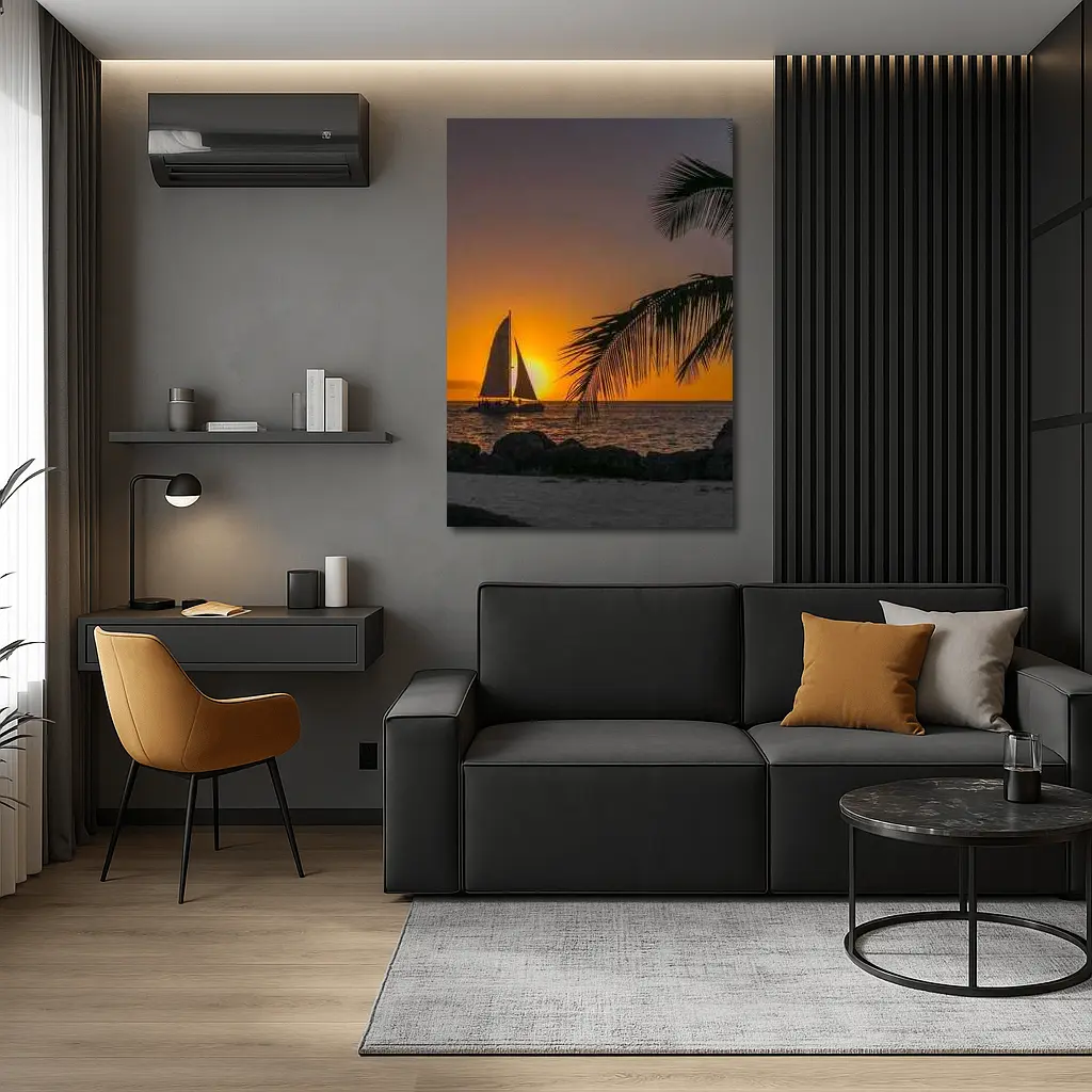 Sailboat Silhouette Golden Ocean Sunset Palm – Wall Art