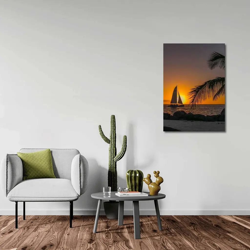Sailboat Silhouette Golden Ocean Sunset Palm – Wall Art