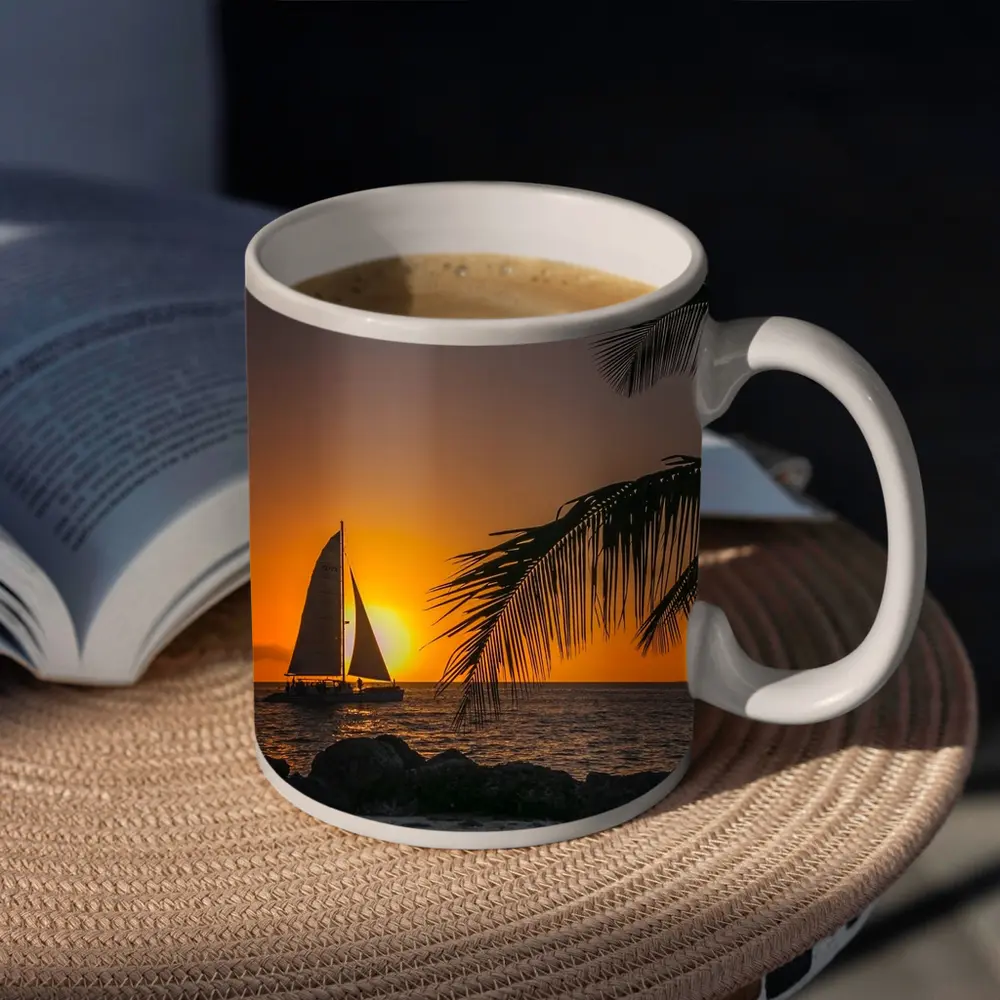 Sailboat Silhouette Golden Ocean Sunset Palm – Mugs