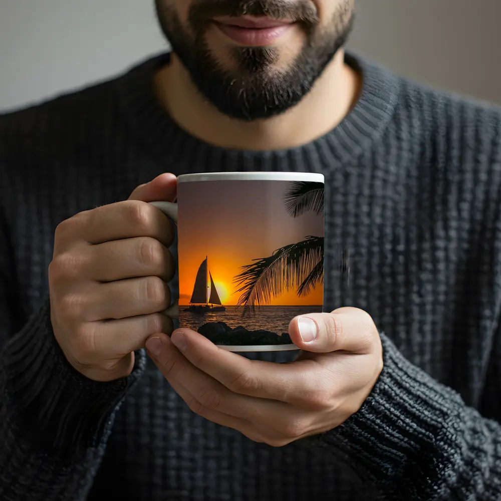 Sailboat Silhouette Golden Ocean Sunset Palm – Mugs
