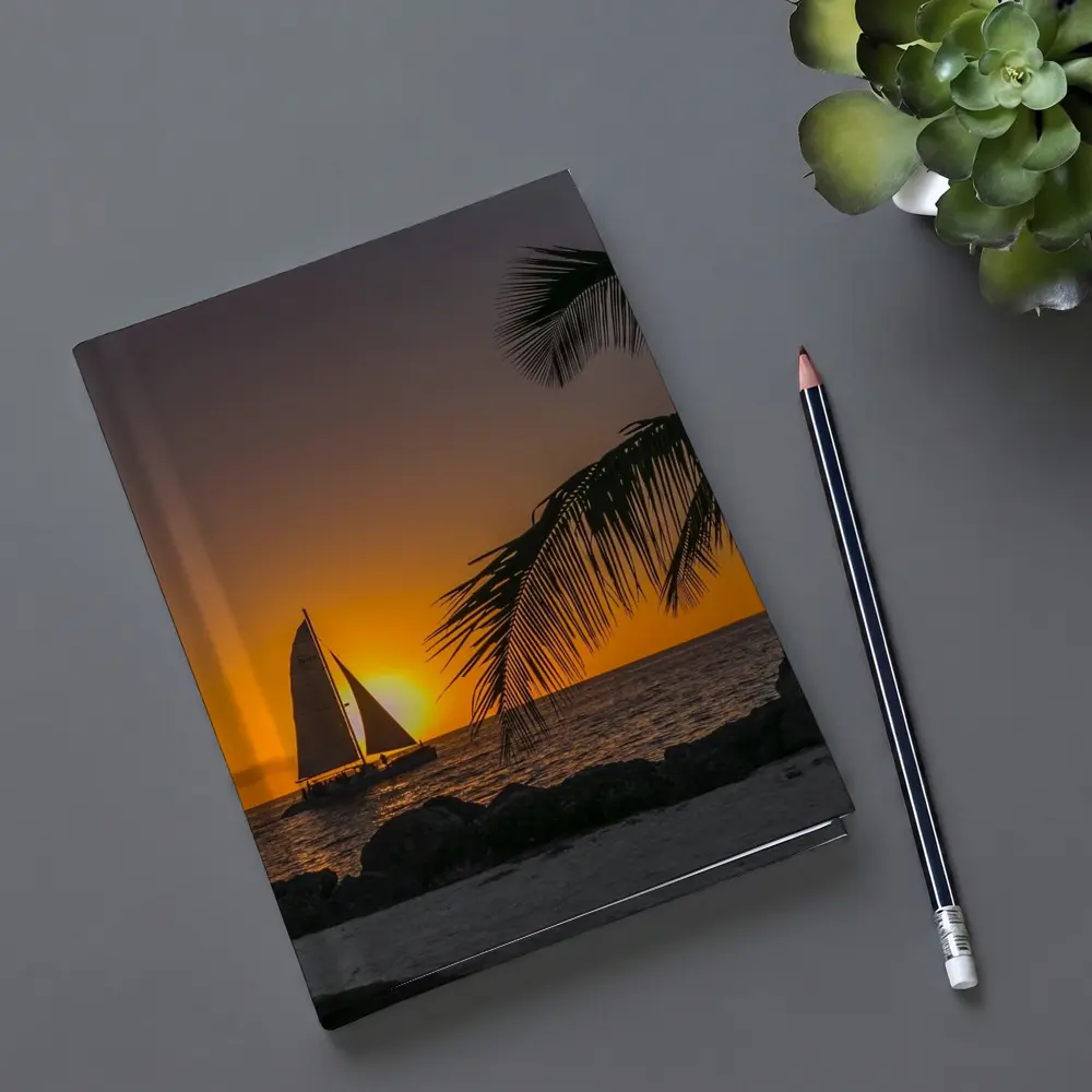 Sailboat Silhouette Golden Ocean Sunset Palm – Notebooks