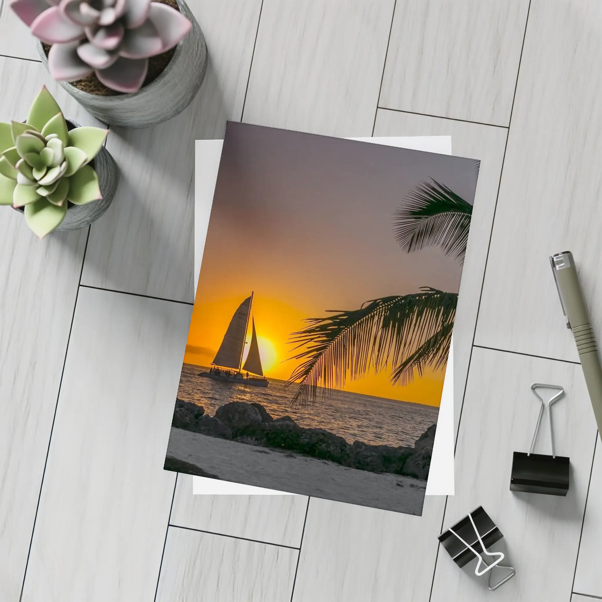 Sailboat Silhouette Golden Ocean Sunset Palm – Postcards