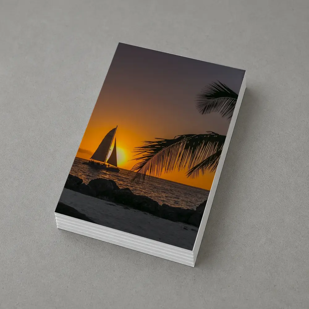 Sailboat Silhouette Golden Ocean Sunset Palm – Postcards