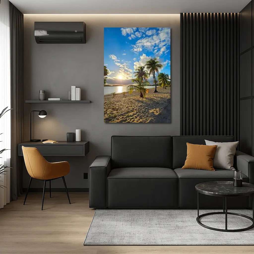 Tropical Beach Palm Trees Sunset Golden Sky – Wall Art