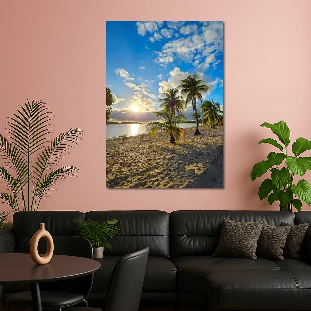 Tropical Beach Palm Trees Sunset Golden Sky – Wall Art