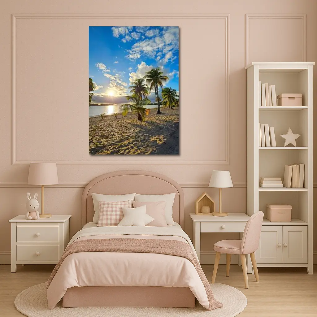 Tropical Beach Palm Trees Sunset Golden Sky – Wall Art