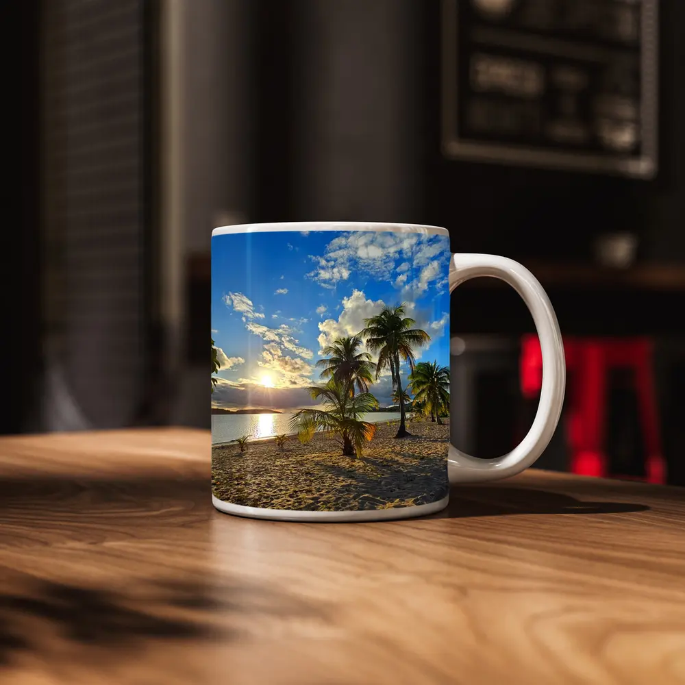 Tropical Beach Palm Trees Sunset Golden Sky – Mugs