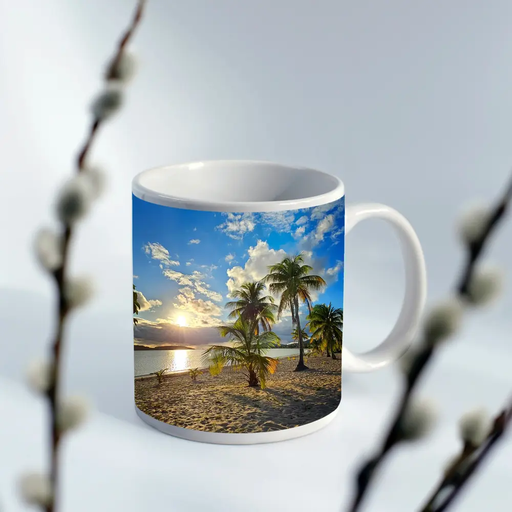 Tropical Beach Palm Trees Sunset Golden Sky – Mugs