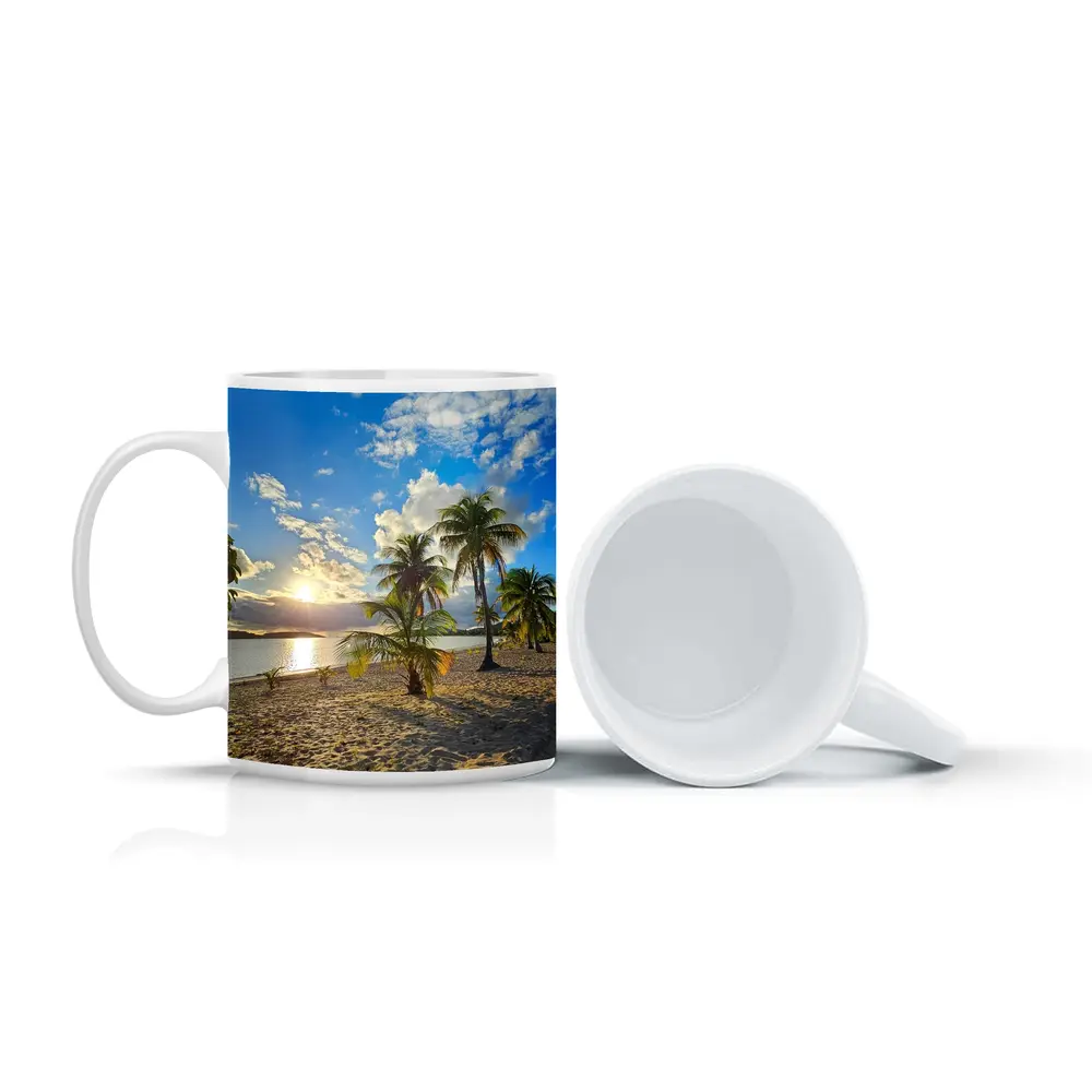 Tropical Beach Palm Trees Sunset Golden Sky – Mugs