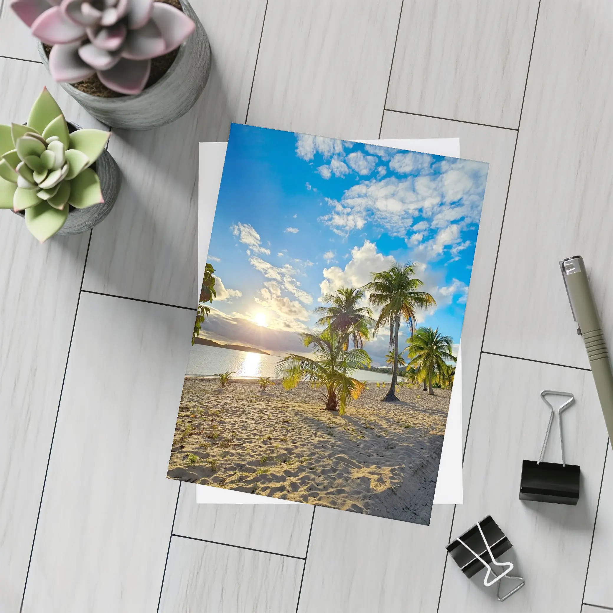 Tropical Beach Palm Trees Sunset Golden Sky – Postcards