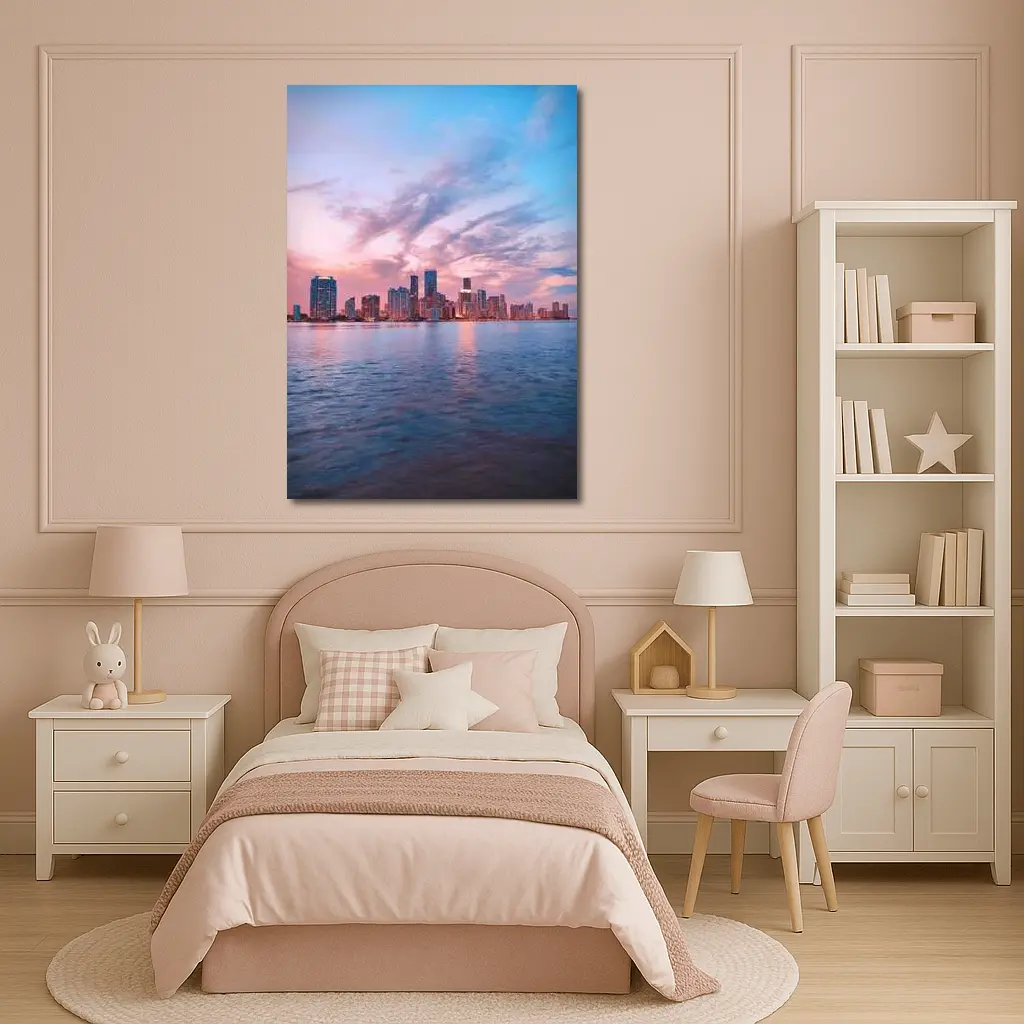 Miami Skyline Sunset Over Calm Water – Wall Art