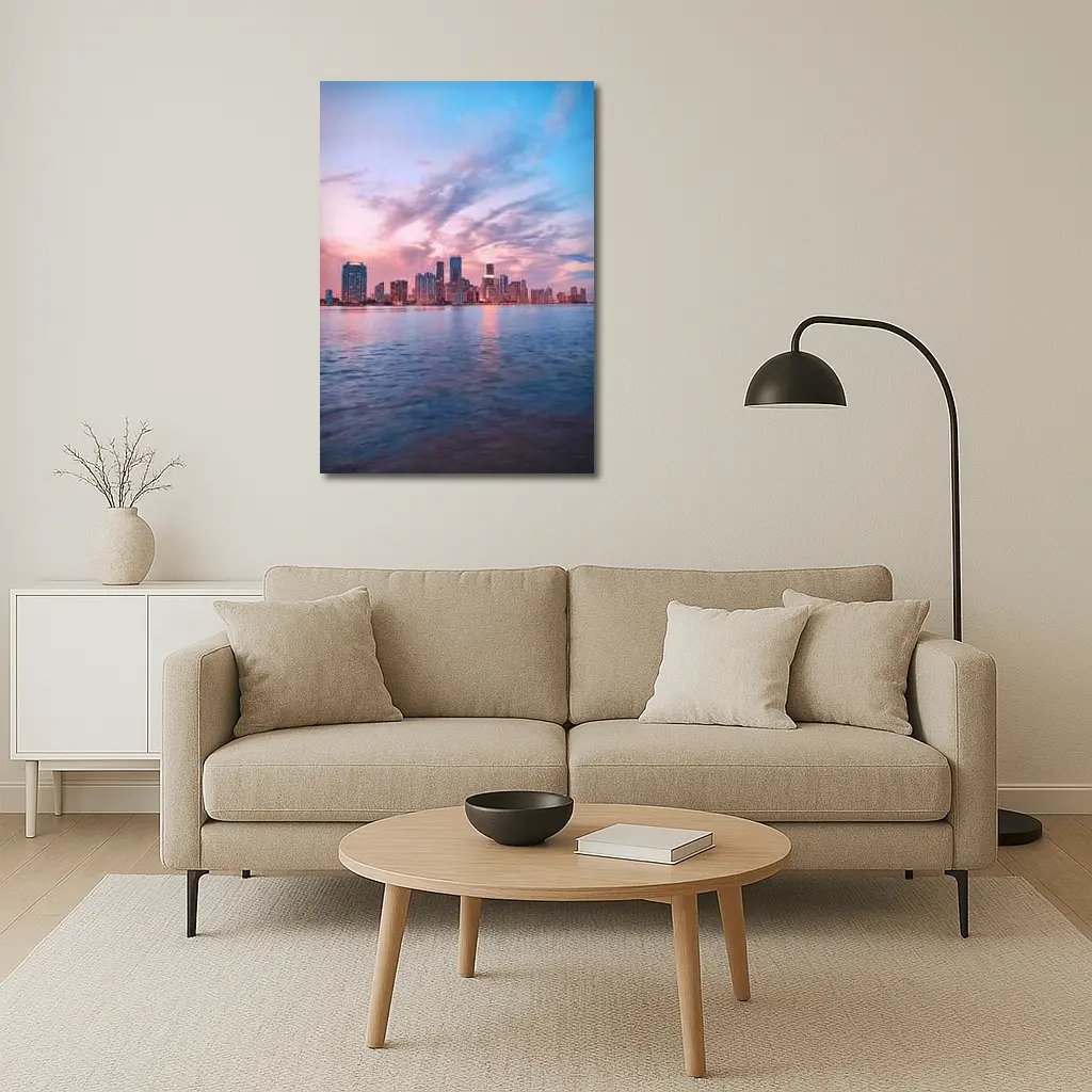 Miami Skyline Sunset Over Calm Water – Wall Art