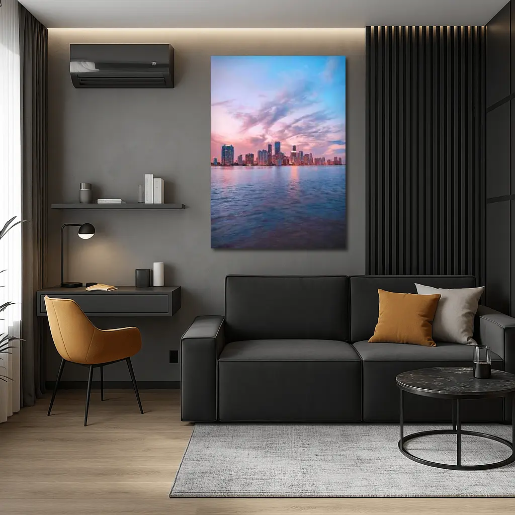 Miami Skyline Sunset Over Calm Water – Wall Art