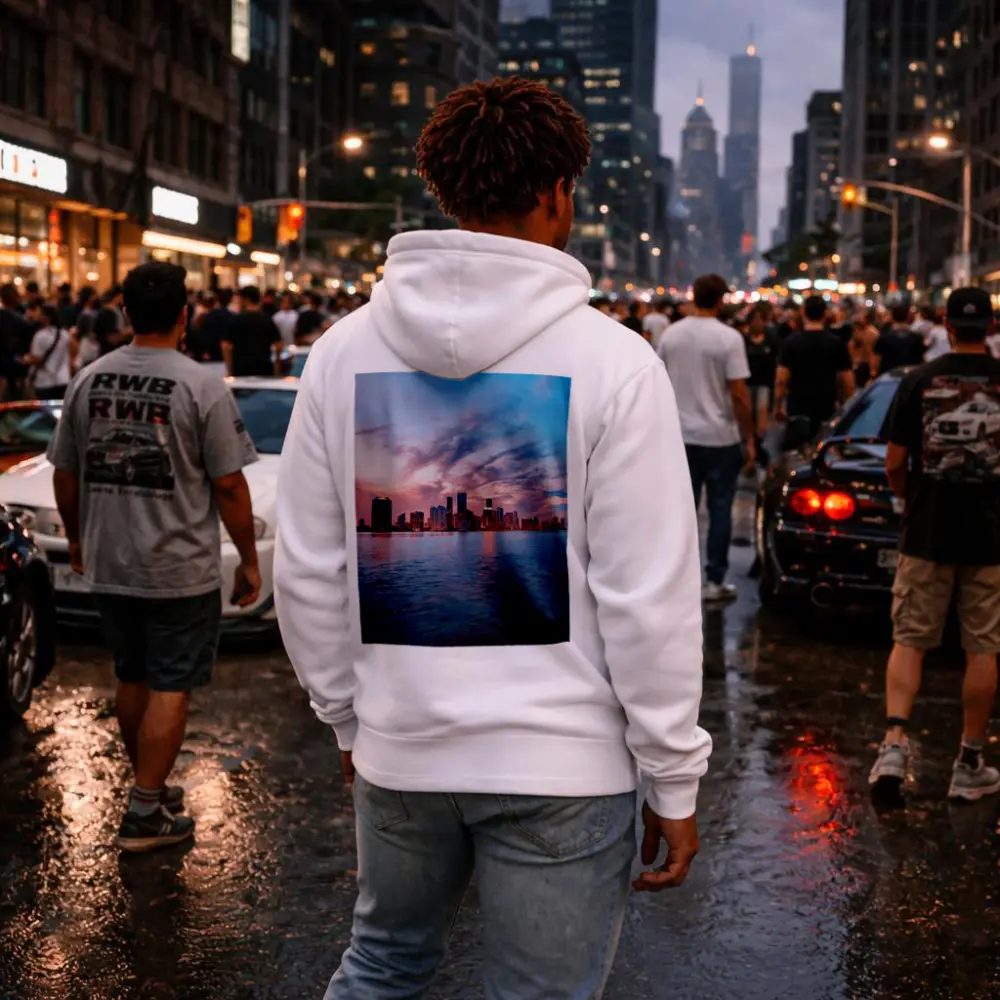 Miami Skyline Sunset Over Calm Water – Hoodies