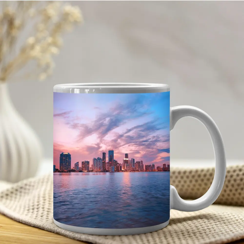 Miami Skyline Sunset Over Calm Water – Mugs
