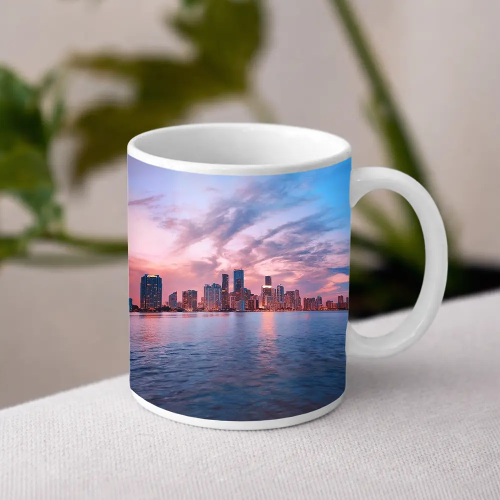 Miami Skyline Sunset Over Calm Water – Mugs