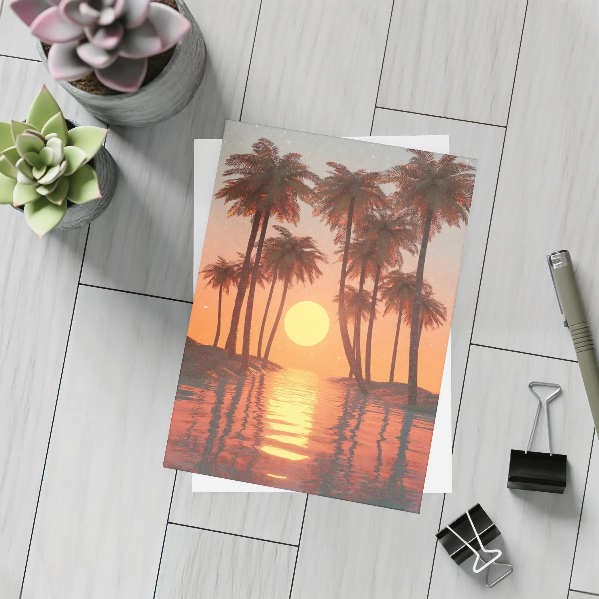 Tropical Palm Trees Sunset Ocean Reflection – Postcards