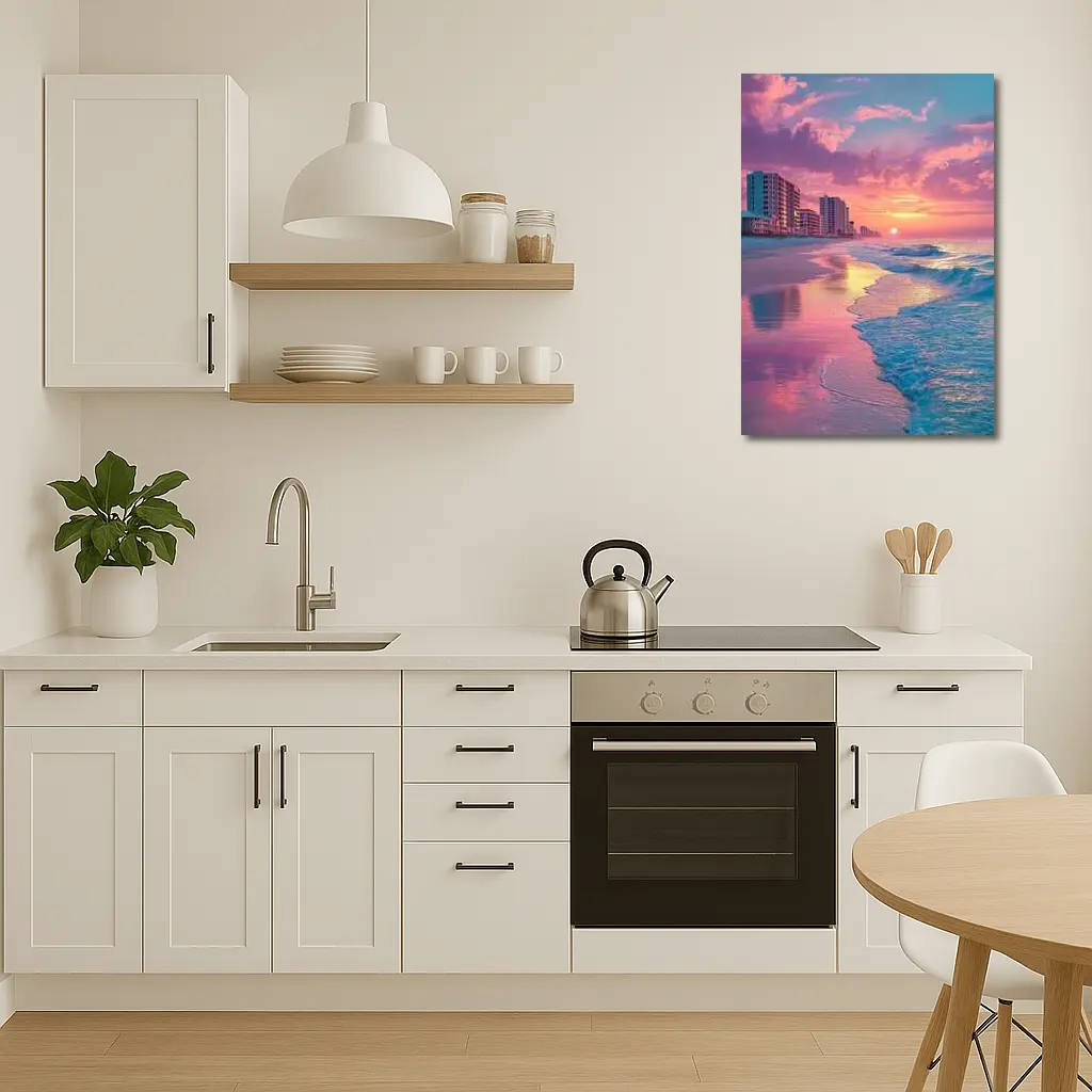 Pink Sunset Beach Ocean Waves Coastal View – Wall Art
