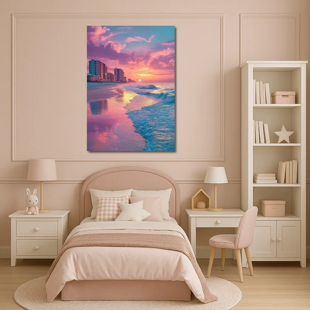 Pink Sunset Beach Ocean Waves Coastal View – Wall Art