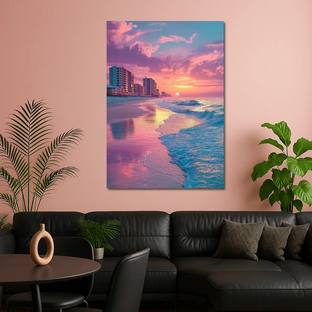 Pink Sunset Beach Ocean Waves Coastal View – Wall Art