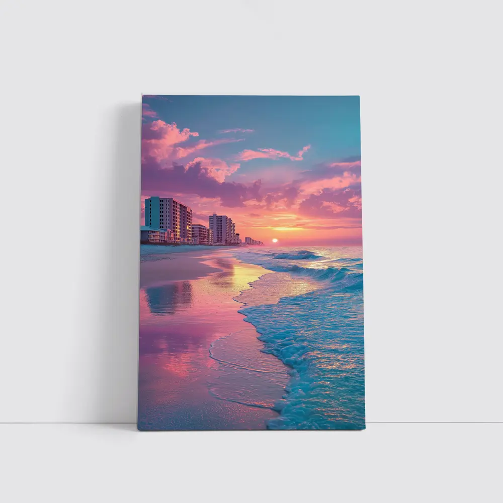Pink Sunset Beach Ocean Waves Coastal View – Wall Art